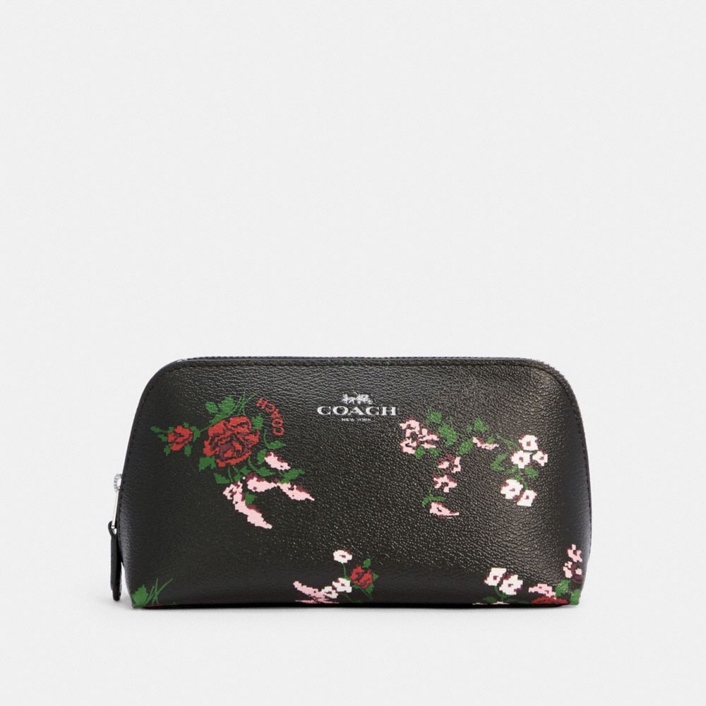 COACH COSMETIC CASE 17 WITH CROSS STITCH FLORAL PRINT - SV/BLACK MULTI - F26226