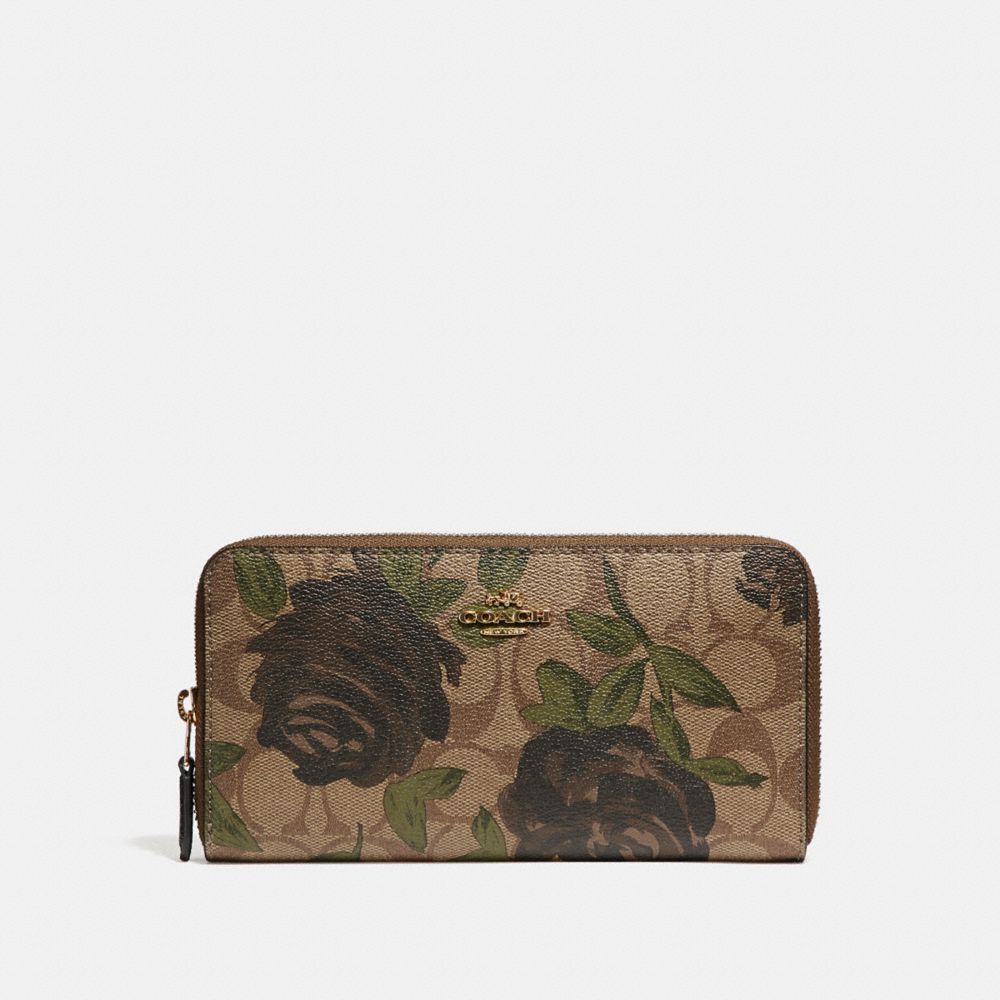 COACH f26290 ACCORDION ZIP WALLET WITH CAMO ROSE FLORAL PRINT LIGHT GOLD/KHAKI