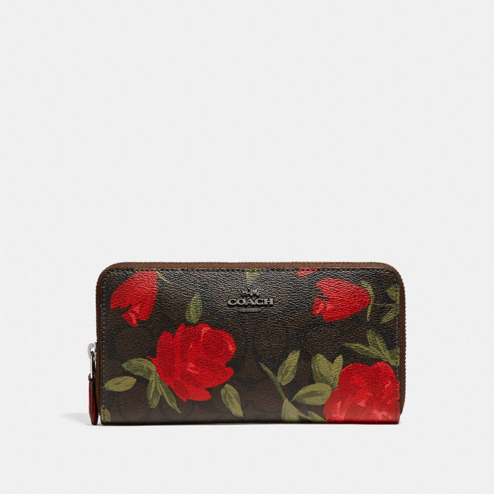 COACH F26290 Accordion Zip Wallet With Camo Rose Floral Print BLACK ANTIQUE NICKEL/BROWN RED MULTI