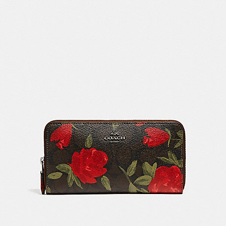 COACH ACCORDION ZIP WALLET IN SIGNATURE CANVAS WITH CAMO ROSE FLORAL PRINT - BROWN/RED MULTI/BLACK ANTIQUE NICKEL - F26290