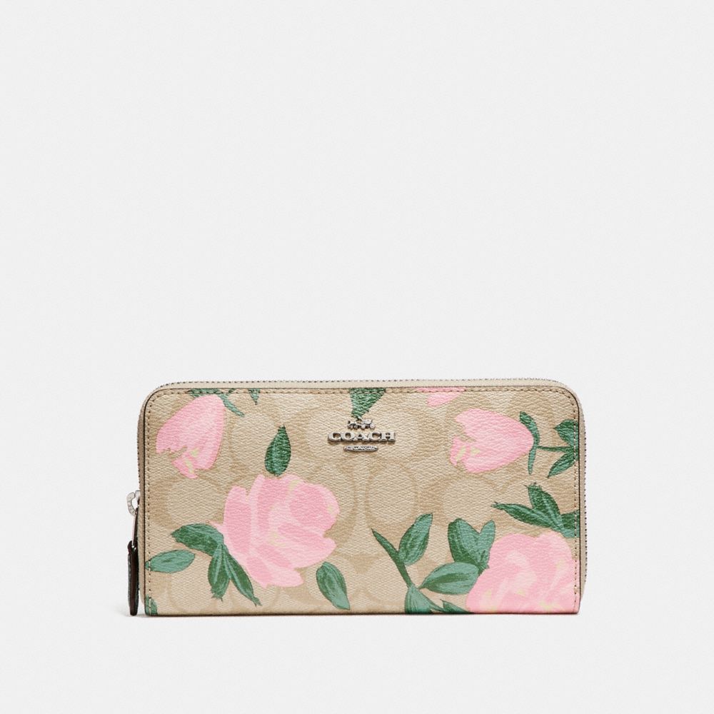COACH F26290 ACCORDION ZIP WALLET IN SIGNATURE CANVAS WITH CAMO ROSE FLORAL PRINT LIGHT KHAKI BLUSH MULTI/SILVER
