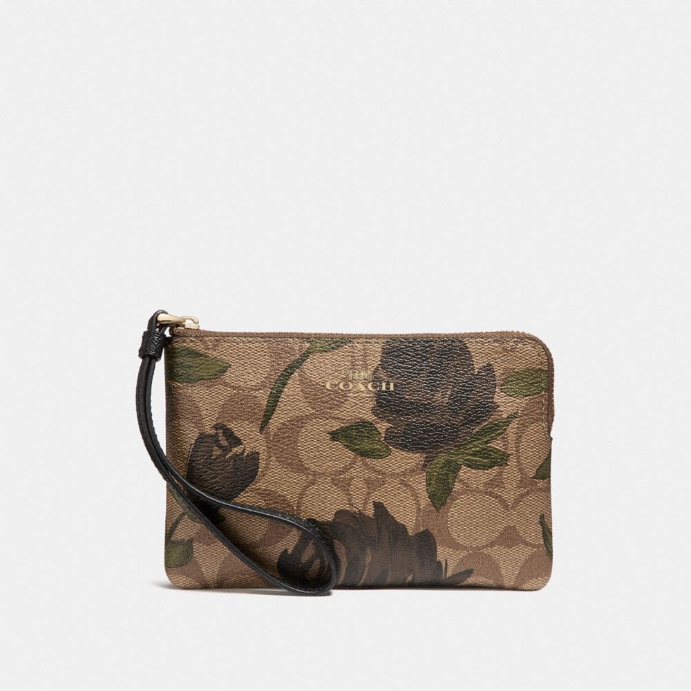 CORNER ZIP WRISTLET WITH CAMO ROSE FLORAL PRINT - LIGHT GOLD/KHAKI - COACH F26291