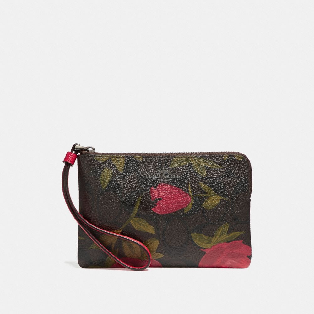 COACH F26291 - CORNER ZIP WRISTLET IN SIGNATURE CANVAS WITH CAMO ROSE FLORAL PRINT BROWN/RED MULTI/BLACK ANTIQUE NICKEL