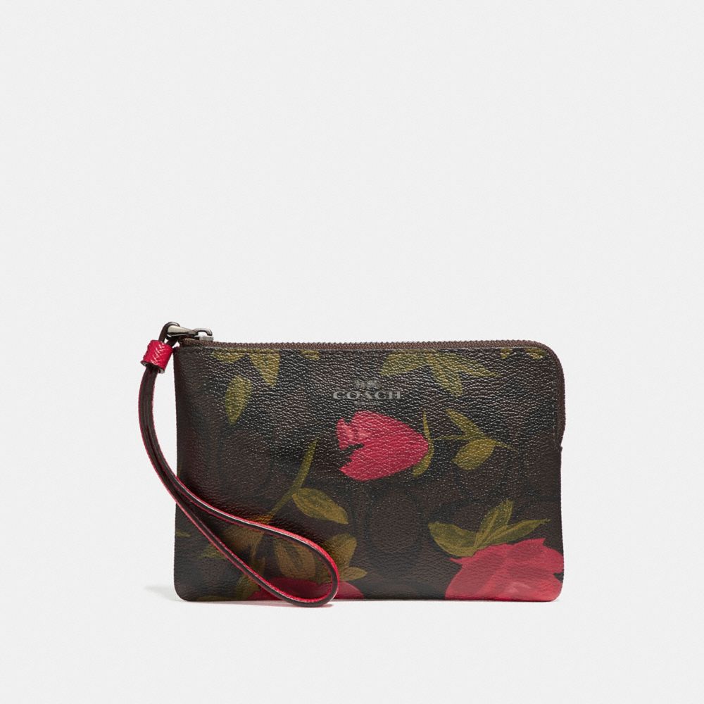 COACH f26291 CORNER ZIP WRISTLET WITH CAMO ROSE FLORAL PRINT BLACK ANTIQUE NICKEL/BROWN RED MULTI