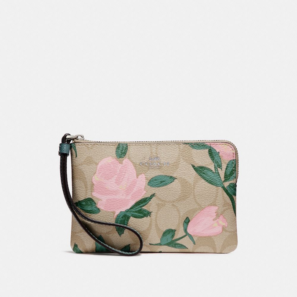 CORNER ZIP WRISTLET WITH CAMO ROSE FLORAL PRINT - f26291 - SILVER/LIGHT KHAKI BLUSH MULTI