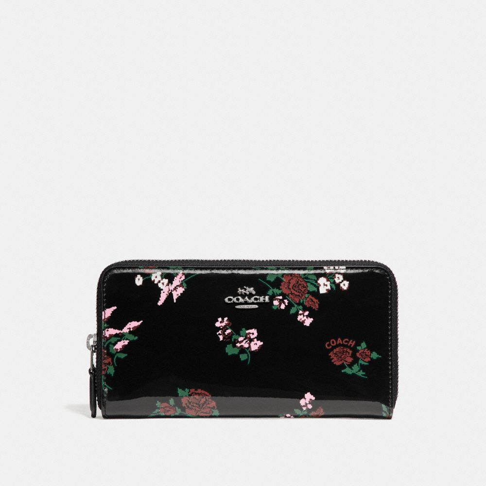COACH F26294 ACCORDION ZIP WALLET WITH CROSS STITCH FLORAL PRINT SILVER/BLACK-MULTI