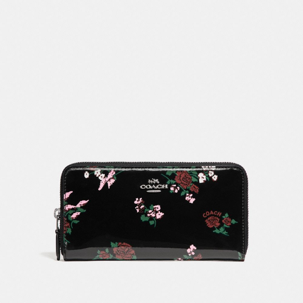 COACH ACCORDION ZIP WALLET WITH CROSS STITCH FLORAL PRINT - SILVER/BLACK MULTI - F26294