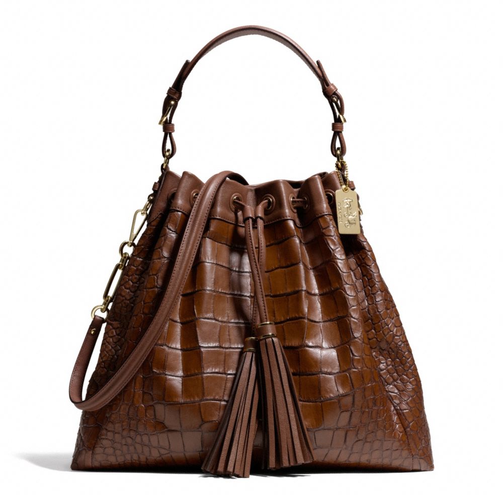 MADISON CROC EMBOSSED LARGE DRAWSTRING SHOULDER BAG - f26341 - LIGHT GOLD/COGNAC