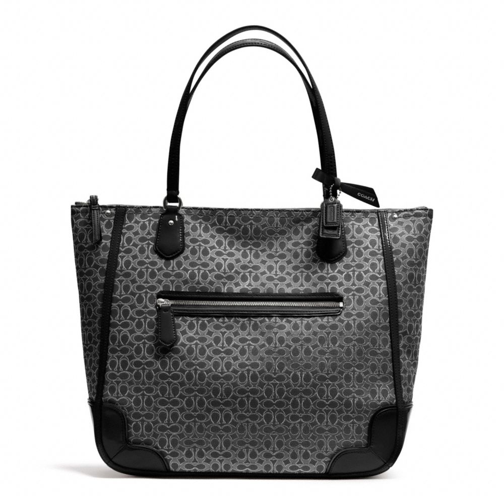 COACH f26427 POPPY SIGNATURE C METALLIC OUTLINE TOTE SILVER/BLACK/BLACK