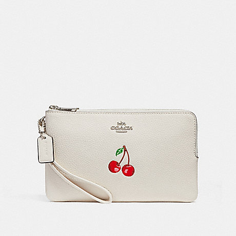 COACH DOUBLE ZIP WALLET WITH CHERRY - SILVER/CHALK MULTI - F26450