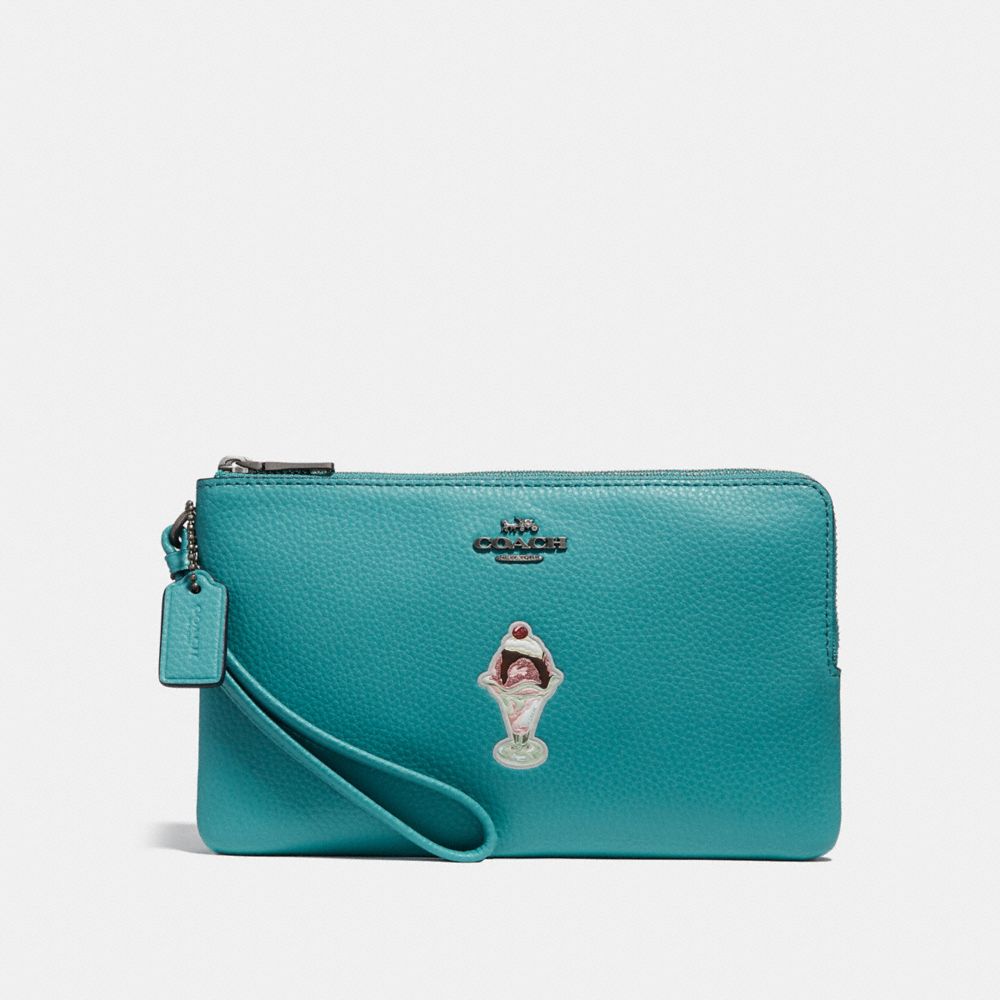 COACH DOUBLE ZIP WALLET WITH ICE CREAM SUNDAE MOTIF - BLACK ANTIQUE NICKEL/BLUE GREEN - F26451