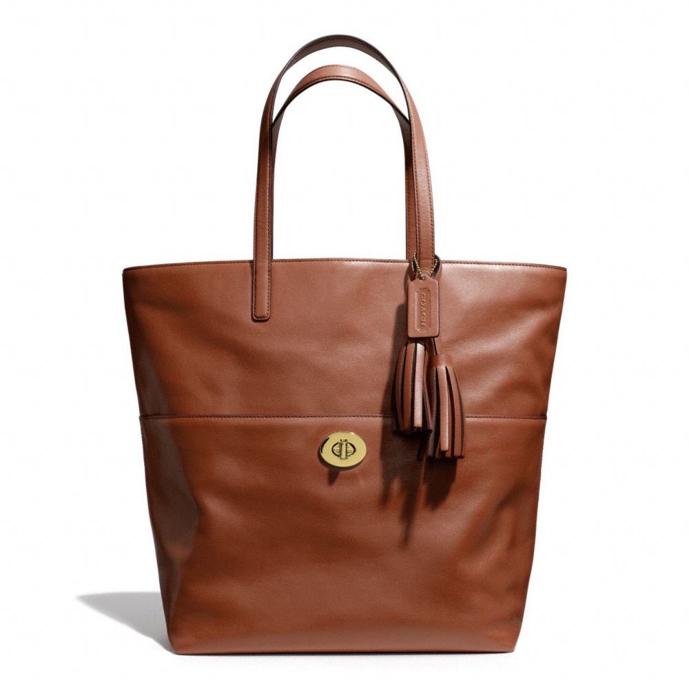 LEATHER TURNLOCK TOTE - f26461 - BRASS/COGNAC