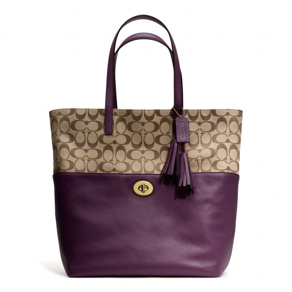 COACH F26476 SIGNATURE TURNLOCK TOTE BRASS/KHAKI/BLACK-VIOLET