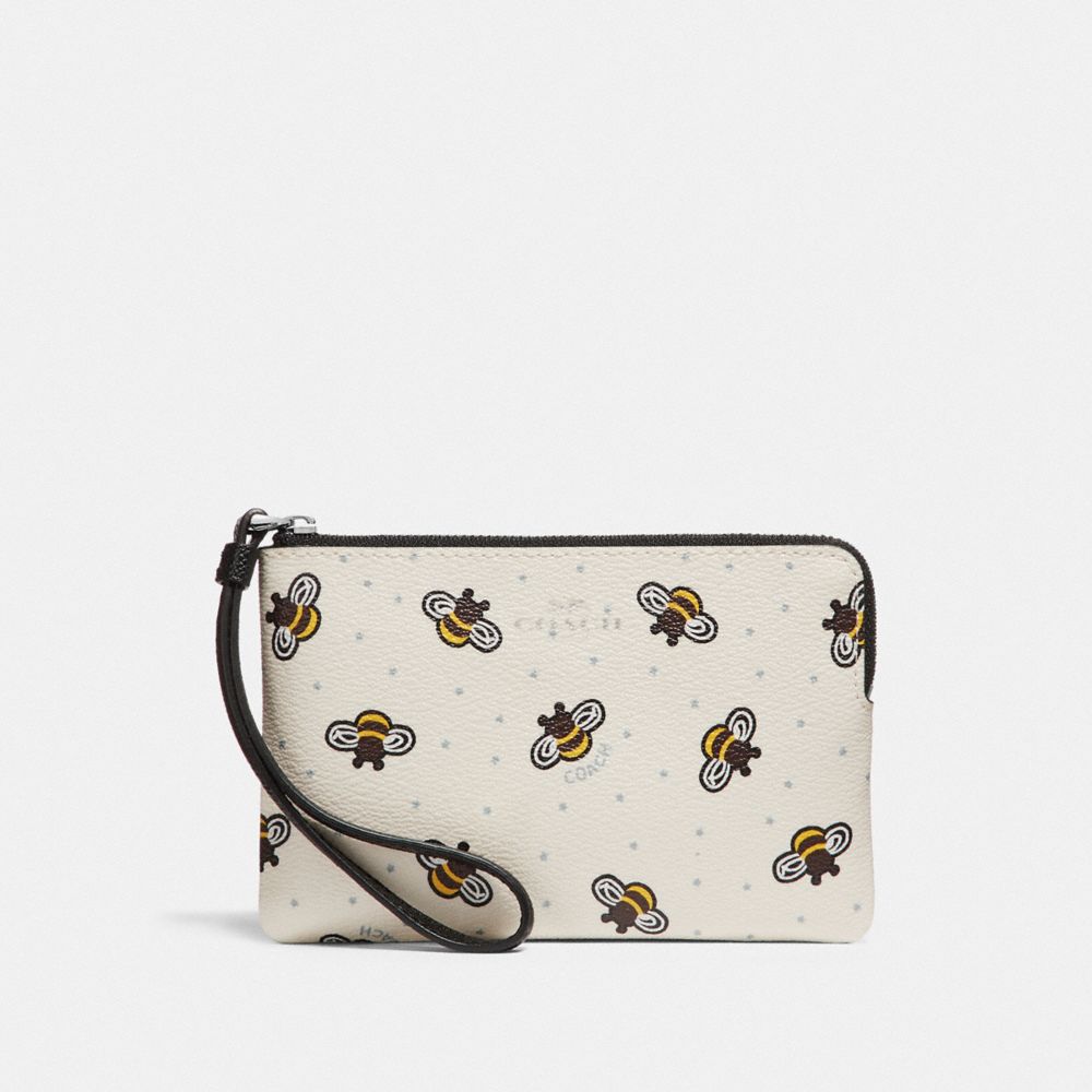 COACH F26652 - CORNER ZIP WRISTLET WITH BEE PRINT CHALK MULTI/SILVER