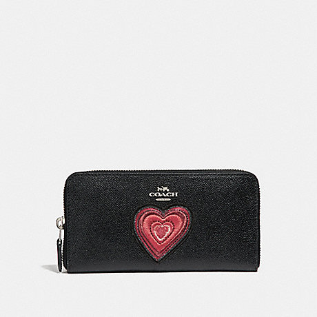 COACH F26693 ACCORDION ZIP WALLET WITH HEART EMBROIDERY SILVER/BLACK