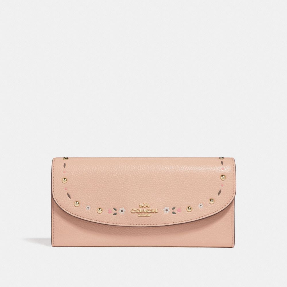 COACH F26786 Slim Envelope Wallet With Floral Tooling NUDE PINK/LIGHT GOLD
