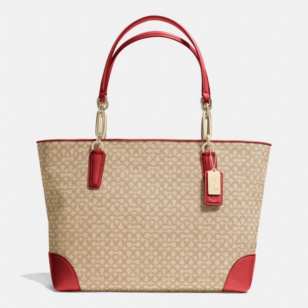 COACH F26806 MADISON OP ART NEEDLEPOINT FABRIC EAST/WEST TOTE LIGHT-GOLD/KHAKI/LOVE-RED