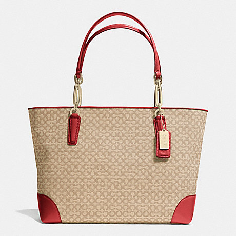 COACH F26806 MADISON OP ART NEEDLEPOINT FABRIC EAST/WEST TOTE LIGHT-GOLD/KHAKI/LOVE-RED