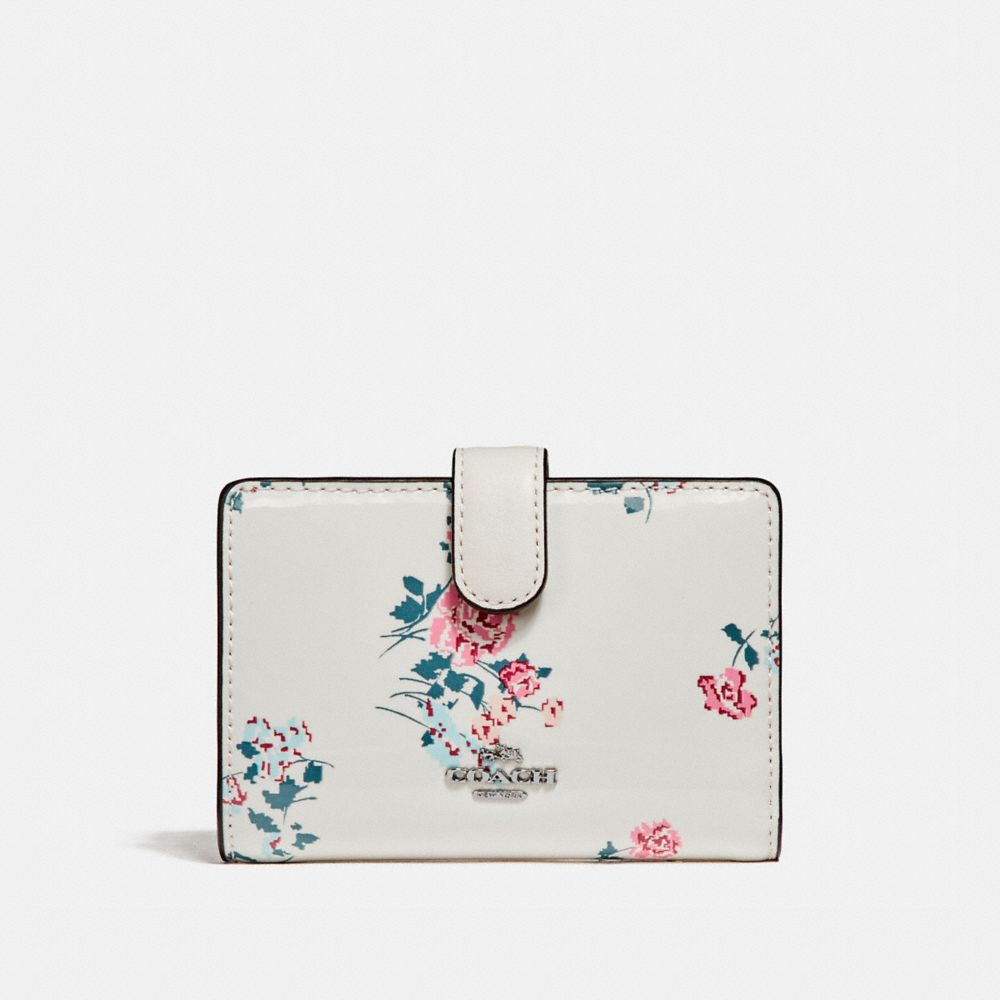 COACH F26810 Medium Corner Zip Wallet With Cross Stitch Floral Print SILVER/CHALK MULTI
