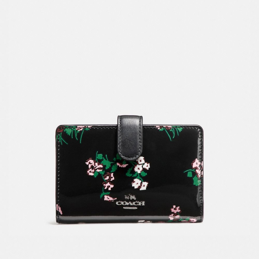 COACH F26810 Medium Corner Zip Wallet With Cross Stitch Floral Print SILVER/BLACK MULTI