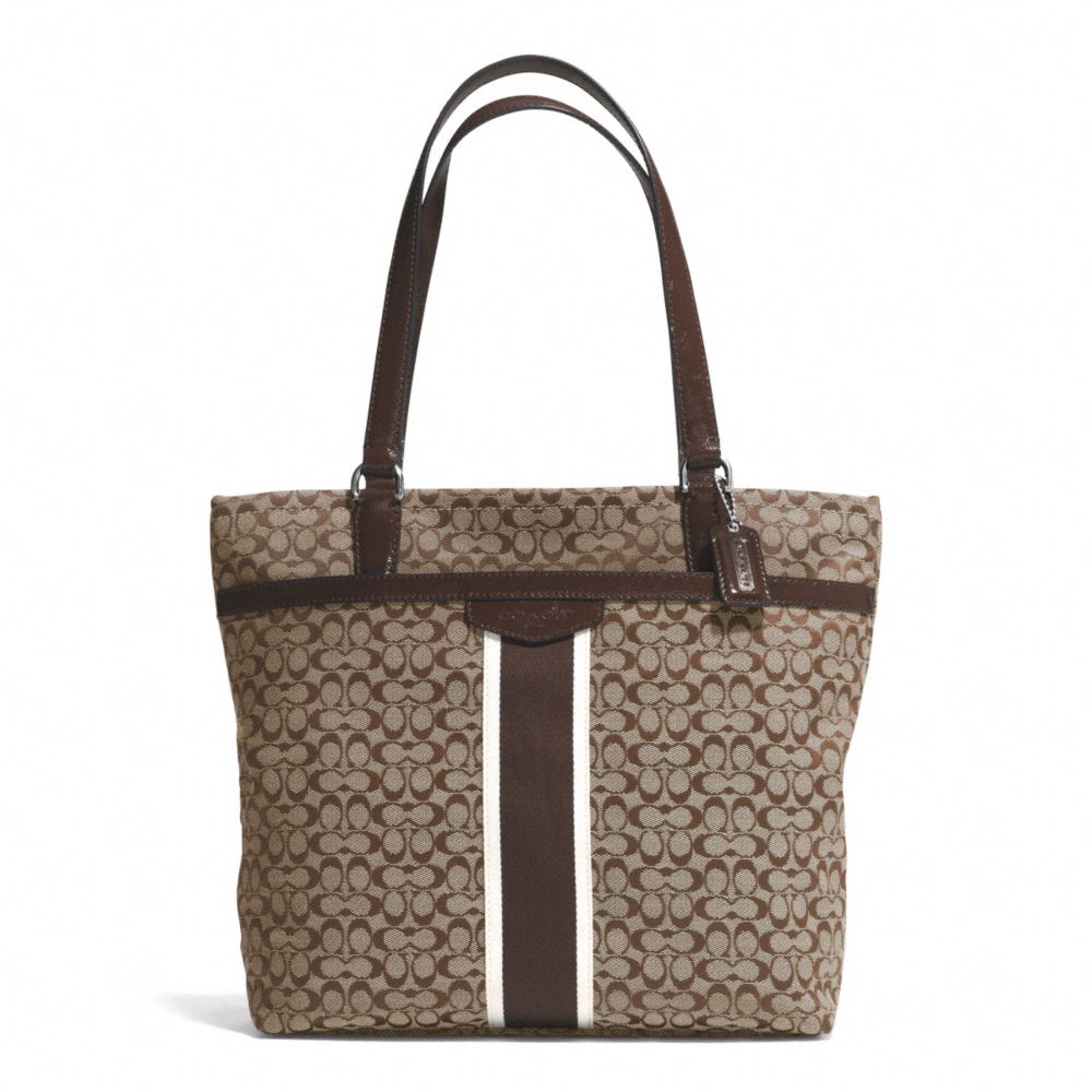 SIGNATURE STRIPE 6CM TOTE - SILVER/KHAKI/MAHOGANY - COACH F27008