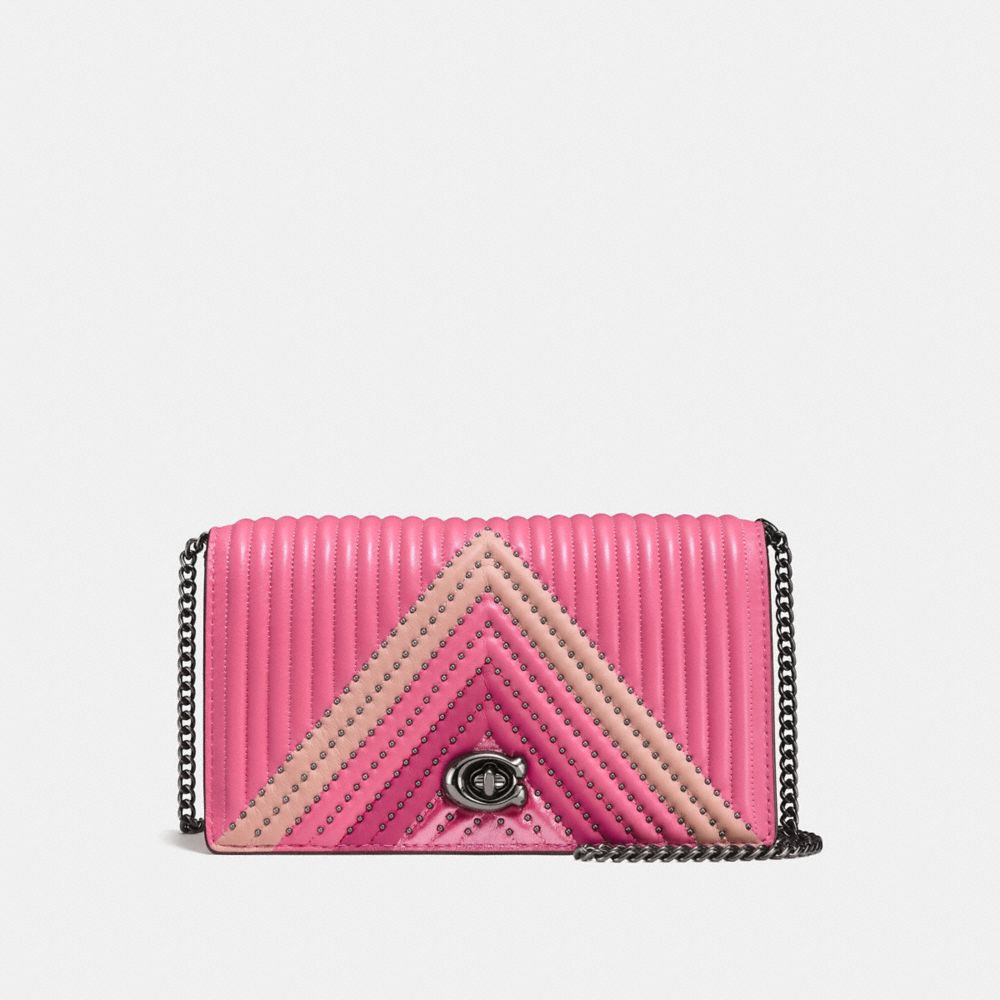 FOLDOVER CHAIN CLUTCH WITH COLORBLOCK QUILTING AND RIVETS - F27091 - BRIGHT PINK/MULTI/DARK GUNMETAL