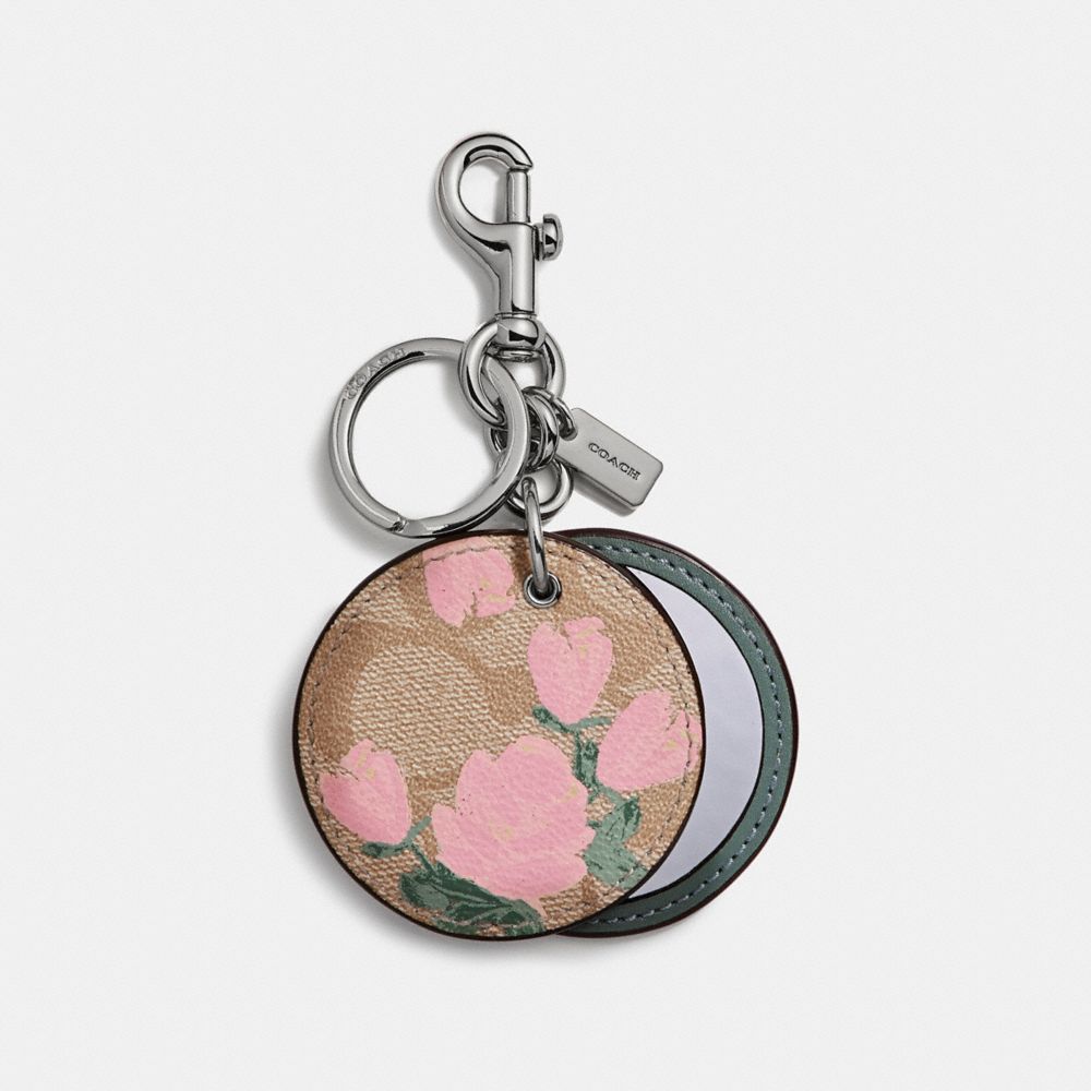 COACH F27108 ROSE PRINT MIRROR BAG CHARM SILVER/BLUSH