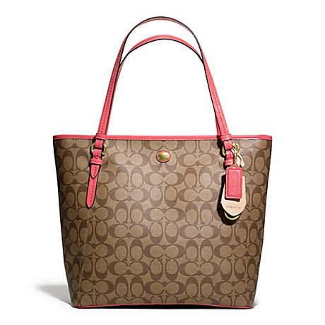 COACH PEYTON SIGNATURE ZIP TOP TOTE - BRASS/KHAKI/CORAL - f27348