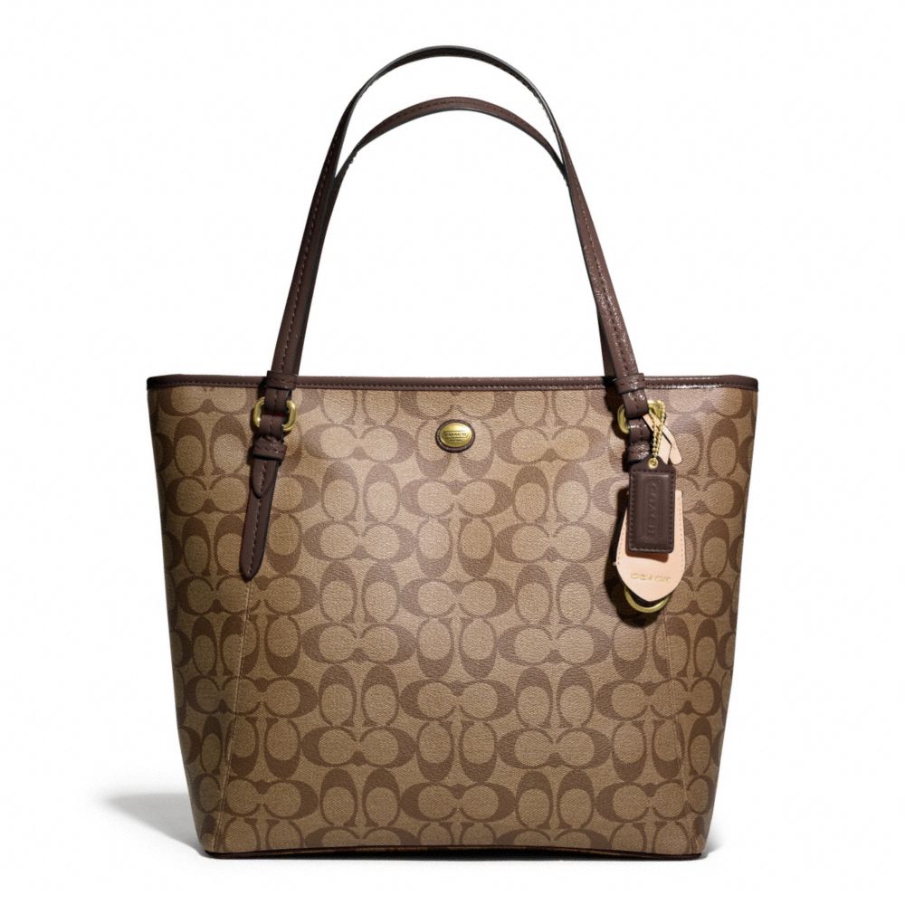 COACH PEYTON SIGNATURE ZIP TOP TOTE - BRASS/KHAKI/MAHOGANY - f27348