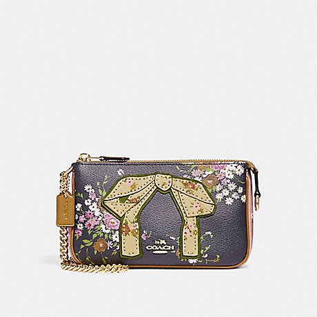 COACH LARGE WRISTLET 19 WITH FLORAL BUNDLE PRINT AND BOW - navy/vintage pink/imitation gold - f27470