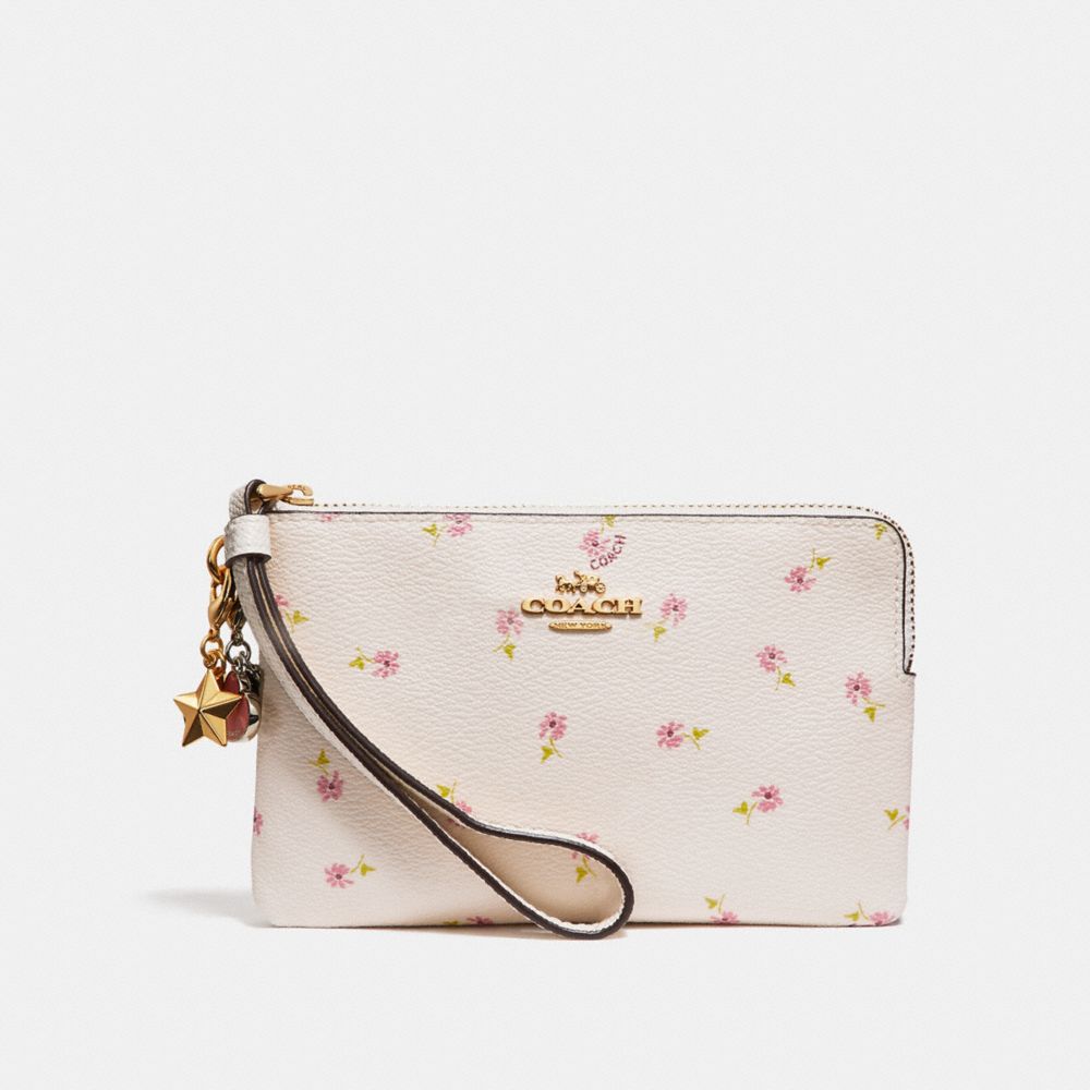 COACH f27472 BOXED CORNER ZIP WRISTLET WITH DITSY DAISY PRINT AND CHARMS CHALK MULTI/IMITATION GOLD