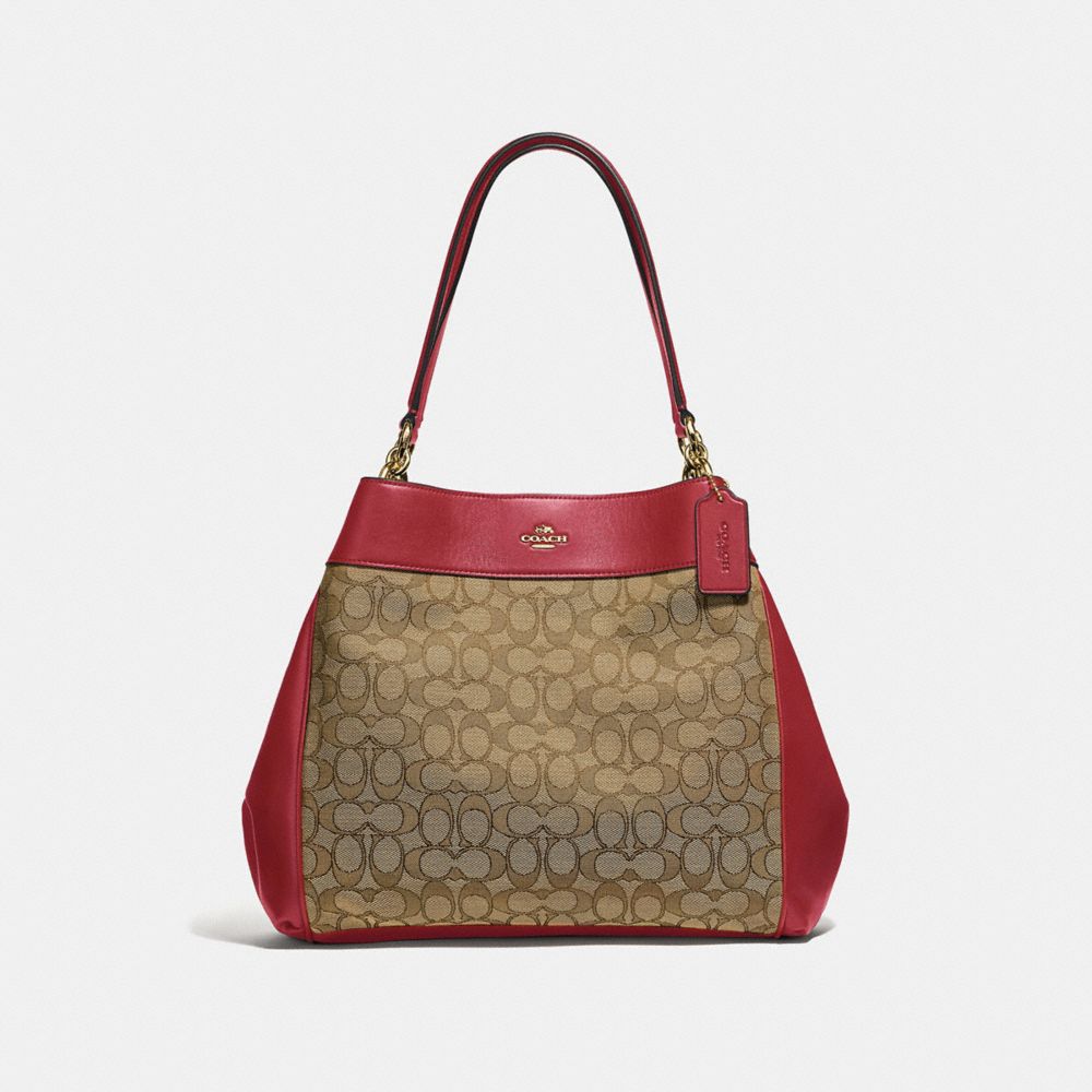 LEXY SHOULDER BAG IN SIGNATURE JACQUARD - F27579 - KHAKI/CHERRY/LIGHT GOLD