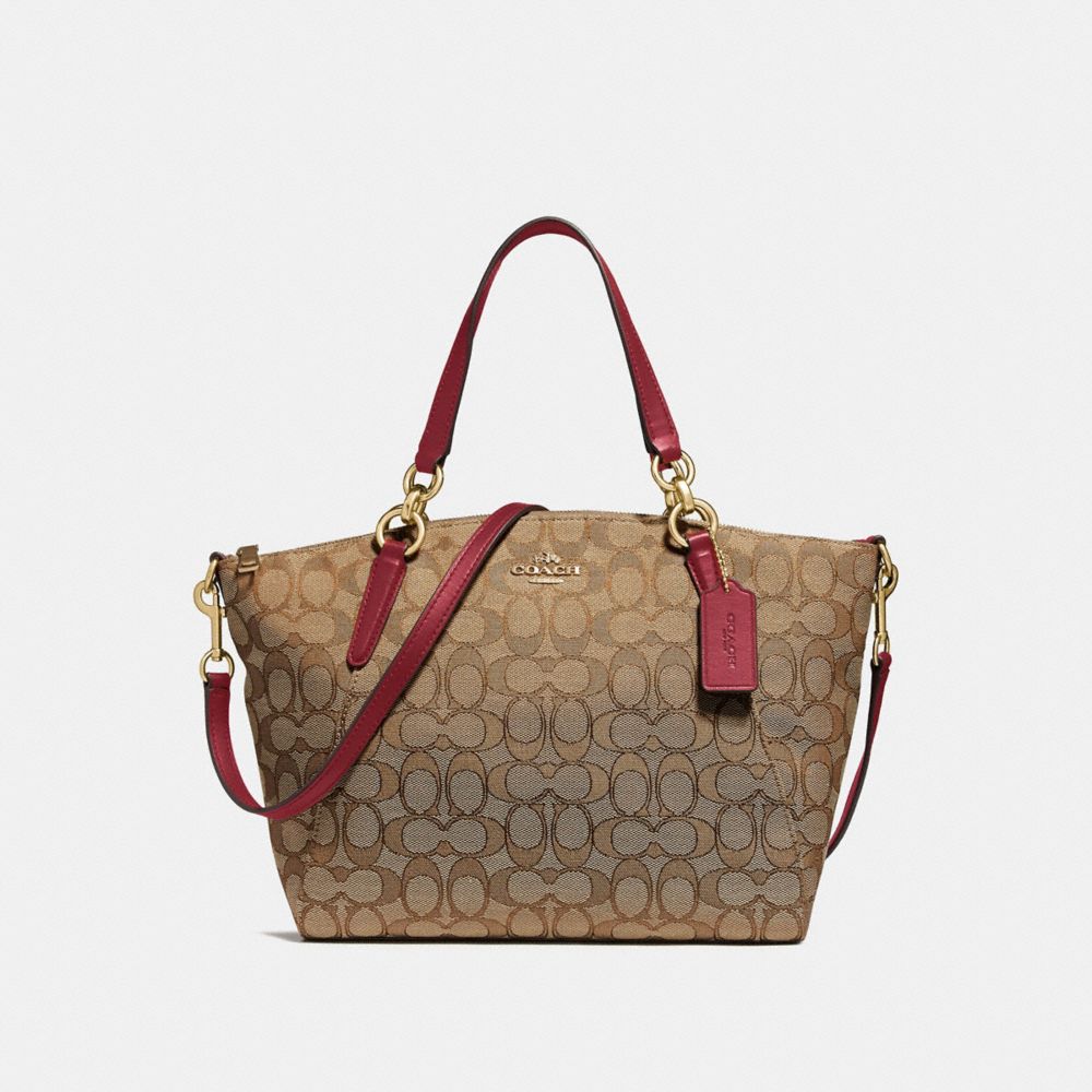 SMALL KELSEY SATCHEL IN SIGNATURE JACQUARD - F27582 - KHAKI/CHERRY/LIGHT GOLD