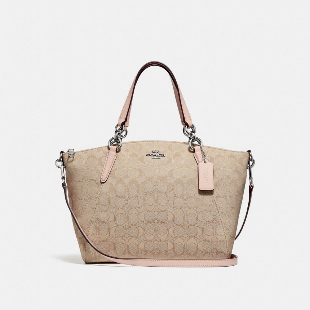 SMALL KELSEY SATCHEL IN SIGNATURE JACQUARD - f27582 - LIGHT KHAKI/LIGHT PINK/SILVER