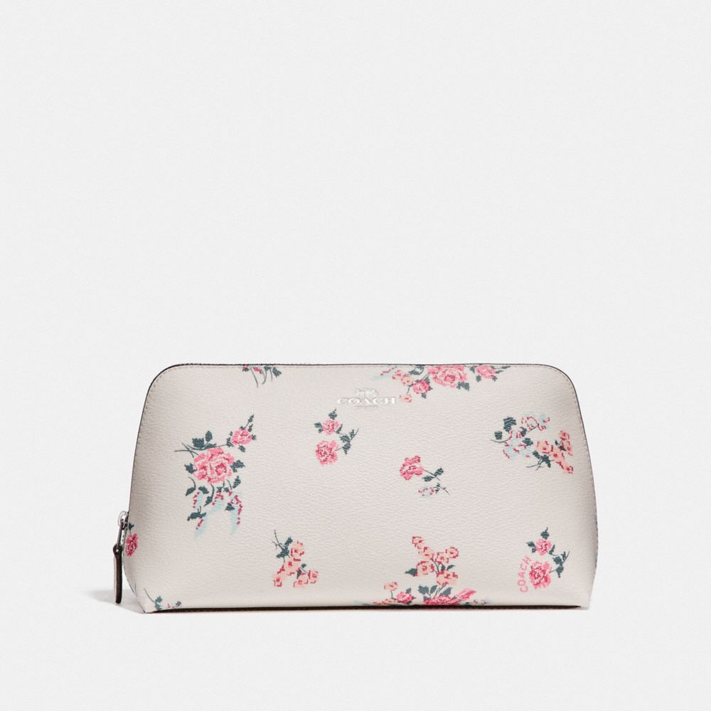 COACH COSMETIC CASE 22 WITH CROSS STITCH FLORAL PRINT - SILVER/CHALK MULTI - f27840