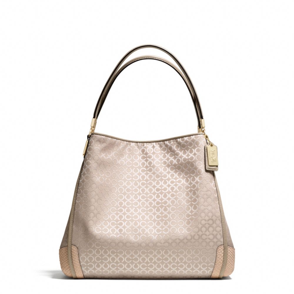 COACH F27843 Madison Op Art Pearlescent Fabric Small Phoebe Shoulder Bag LIGHT GOLD/PEACH ROSE