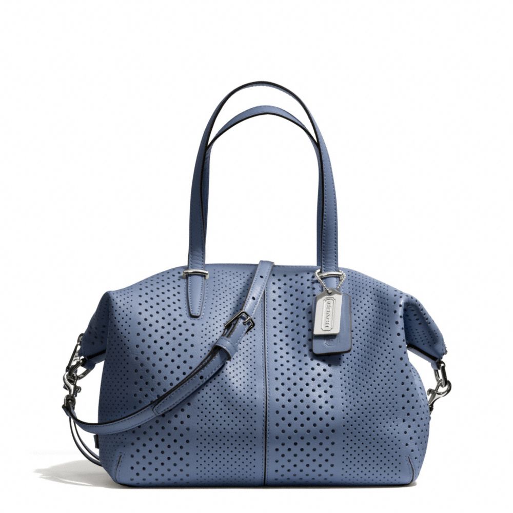 BLEECKER STRIPED PERFORATED LEATHER SMALL COOPER SATCHEL - f27915 - SILVER/CORNFLOWER