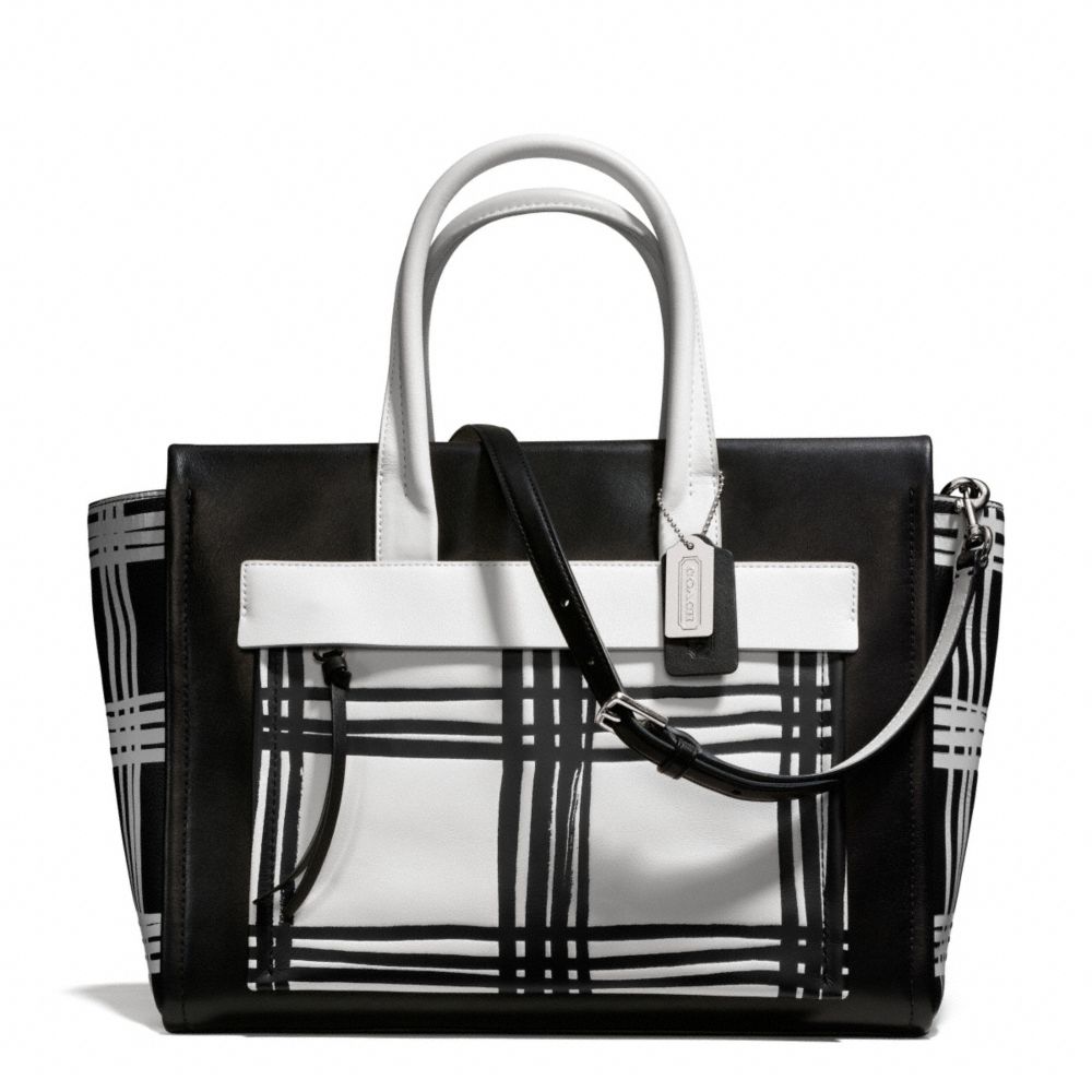 COACH F27992 - BLEECKER PLAID PAINTED LEATHER LARGE RILEY CARRYALL SILVER/BLACK MULTI