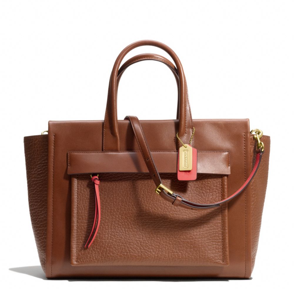 BLEECKER LARGE RILEY CARRYALL IN TWO TONE LEATHER - BRASS/CHESTNUT/LOVE RED - COACH F28041