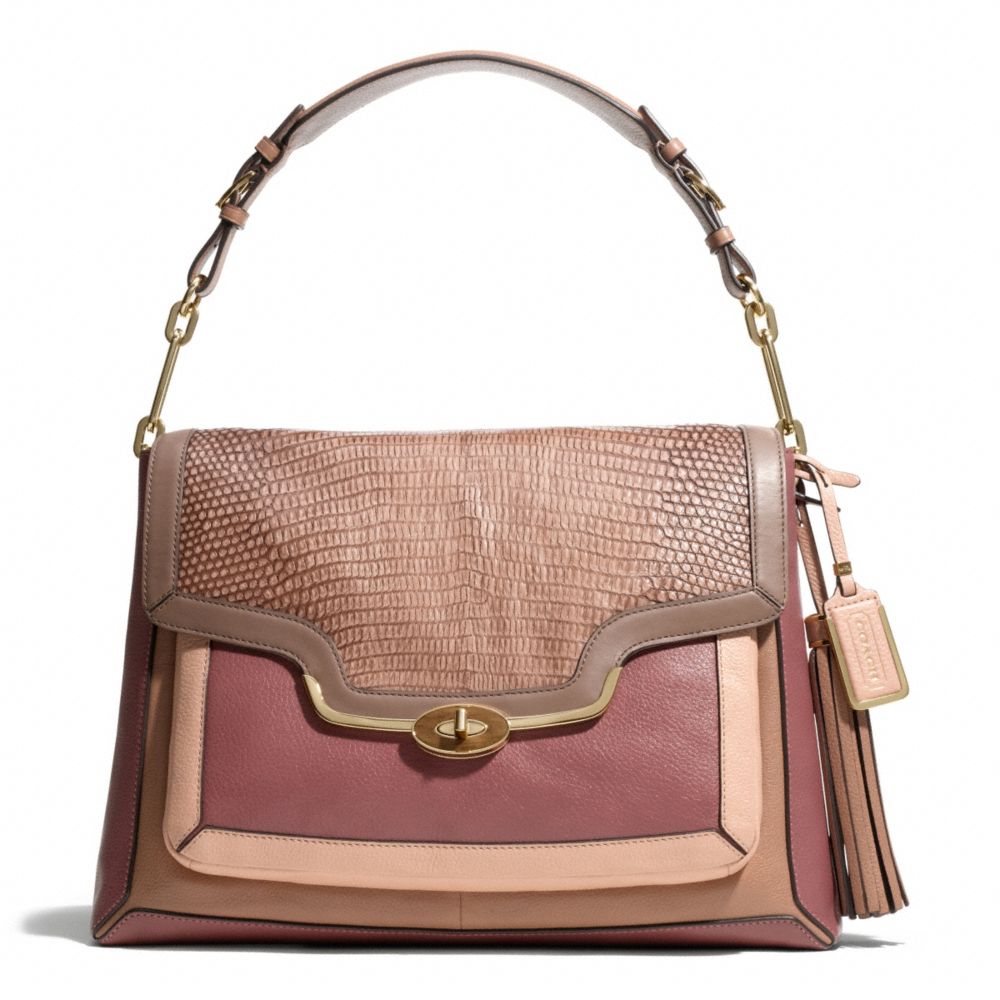 COACH F28167 MADISON PINNACLE COLORBLOCK EXOTIC LEATHER LARGE SHOULDER FLAP LIGHT-GOLD/BROWN/ROUGE