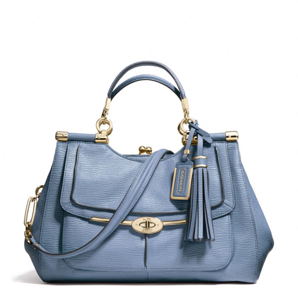 MADISON PINNACLE TEXTURED LEATHER CARRIE SATCHEL - LIGHT GOLD/CORNFLOWER - COACH F28220