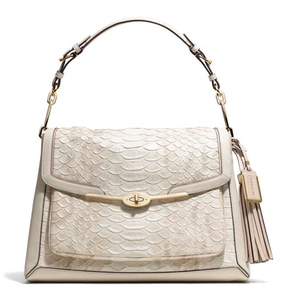 COACH f28221 MADISON PYTHON EMBOSSED LEATHER PINNACLE SHOULDER FLAP BAG LIGHT GOLD/PARCHMENT