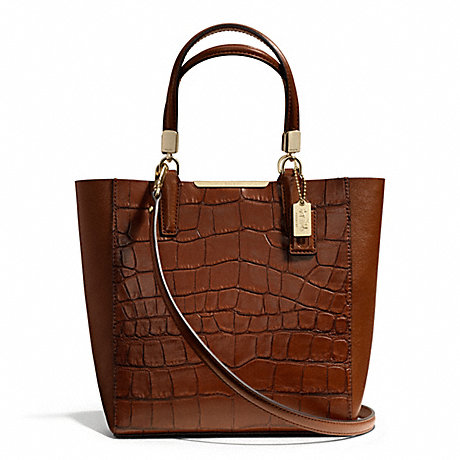 COACH f28291 MADISON CROC EMBOSSED MINI NORTH/SOUTH BONDED TOTE LIGHT GOLD/COGNAC