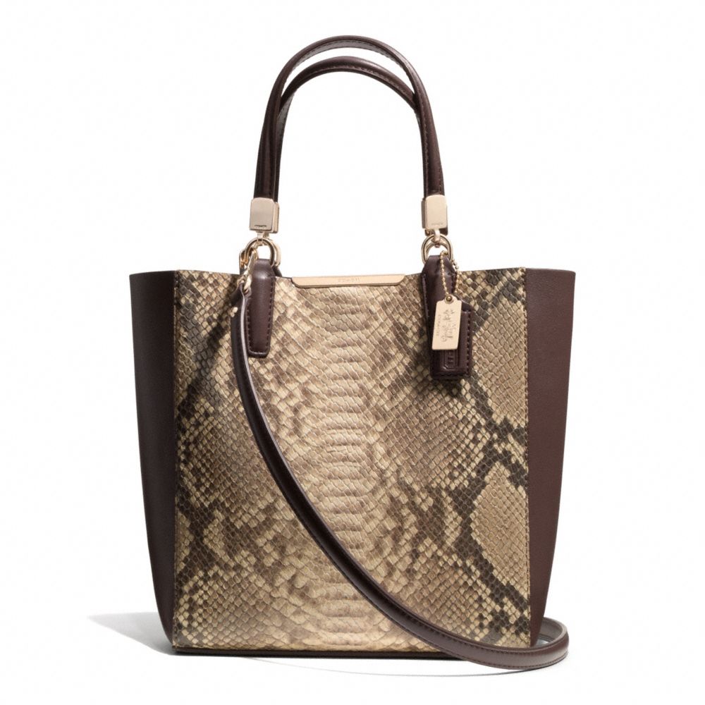 COACH f28292 MADISON PYTHON EMBOSSED LEATHER MINI NORTH/SOUTH BONDED TOTE LIGHT GOLD/BROWN MULTI