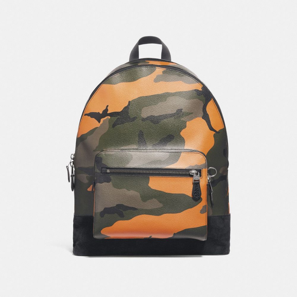 WEST BACKPACK WITH CAMO PRINT - f28310 - TANGERINE MULTI/BLACK ANTIQUE NICKEL