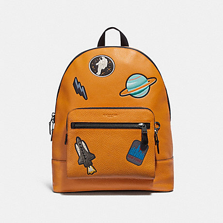 COACH F28311 WEST BACKPACK WITH SPACE PATCHES TANGERINE/BLACK-ANTIQUE-NICKEL