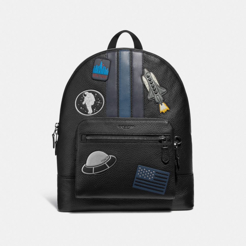 WEST BACKPACK WITH VARSITY STRIPE AND SPACE PATCHES - f28313 - ANTIQUE NICKEL/BLACK MULTI