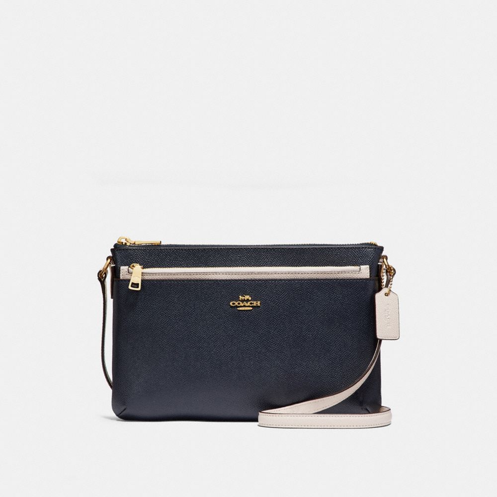 COACH F28382 EAST/WEST CROSSBODY WITH POP-UP POUCH IN COLORBLOCK MIDNIGHT/CHALK/LIGHT-GOLD