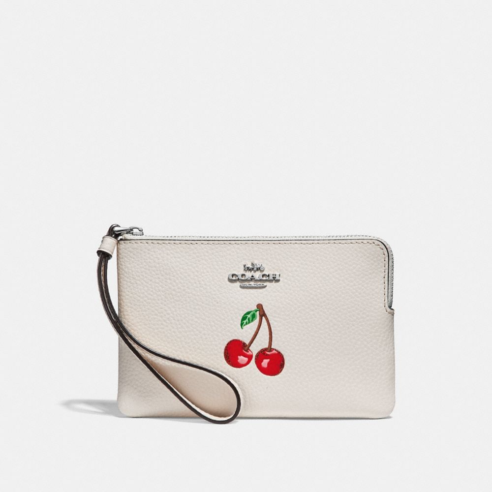 COACH CORNER ZIP WRISTLET WITH CHERRY MOTIF - CHALK MULTI/SILVER - f28384