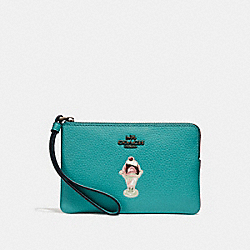 CORNER ZIP WRISTLET WITH ICE CREAM SUNDAE MOTIF - f28385 - BLUE GREEN/BLACK ANTIQUE NICKEL